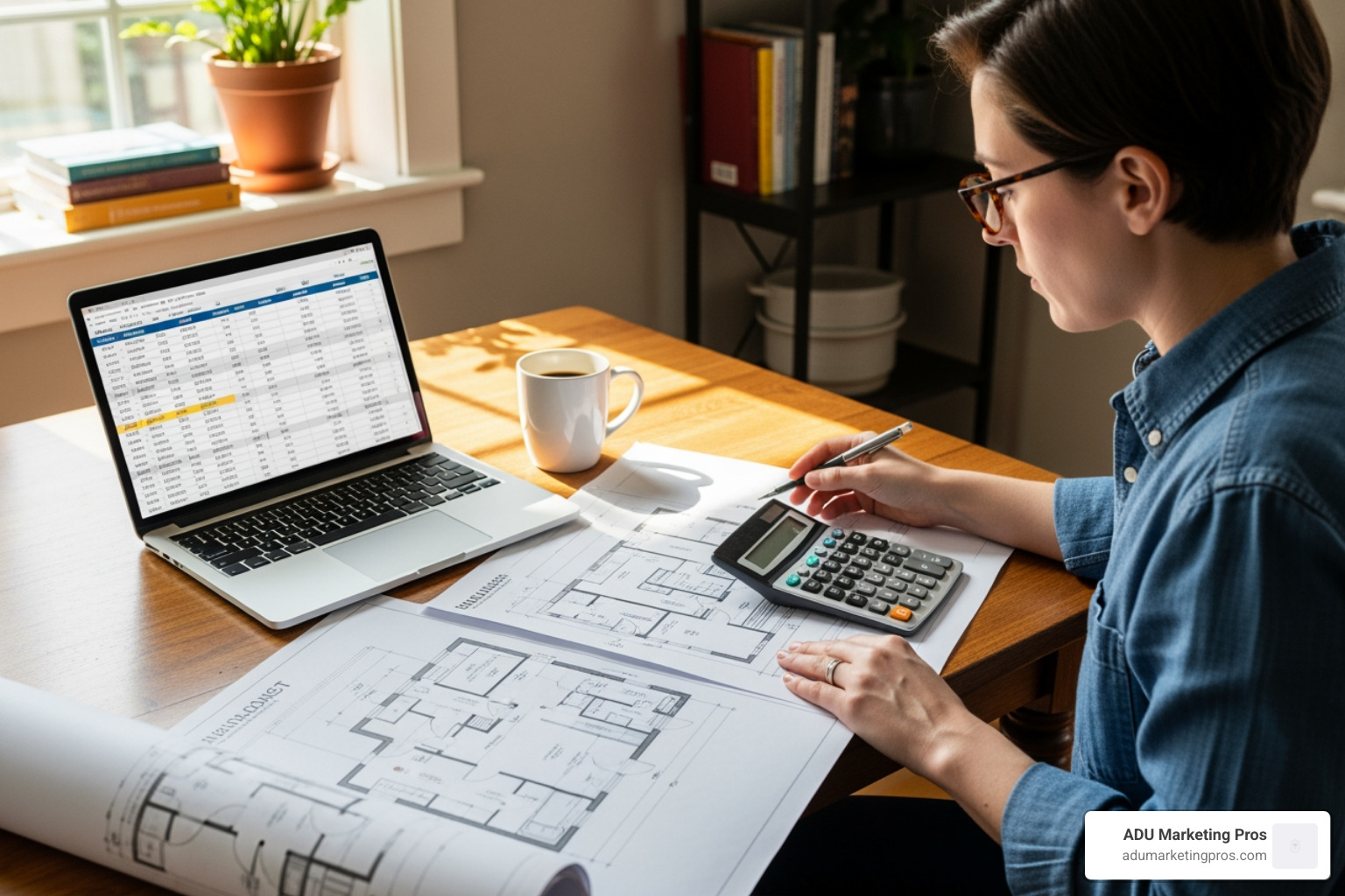 Homeowner reviewing blueprints and a budget spreadsheet for their ADU project - Prefab ADU Los Angeles Homeowner reviewing blueprints and a budget spreadsheet for their ADU project - Prefab ADU Los Angeles