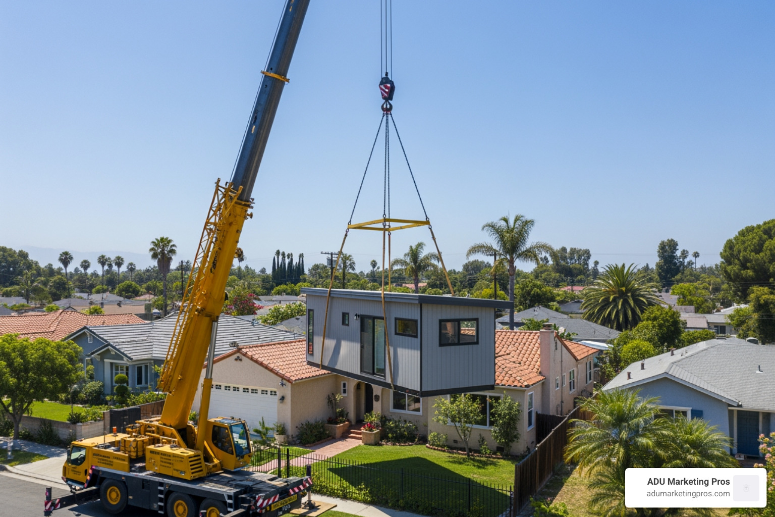 Prefab ADU module being carefully craned into a backyard over a house - Prefab ADU Los Angeles Prefab ADU module being carefully craned into a backyard over a house - Prefab ADU Los Angeles
