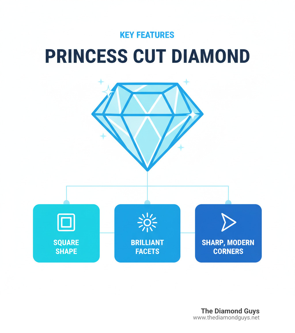 Infographic explaining the key features of a princess cut diamond: square shape, brilliant facets, and sharp, modern corners. - mens princess cut diamond earrings infographic 