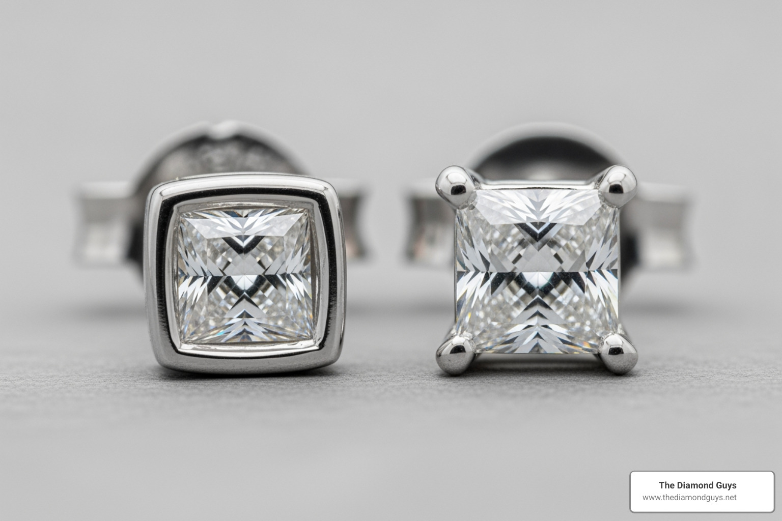 comparing a bezel setting next to a 4-prong setting on two separate earrings - mens princess cut diamond earrings