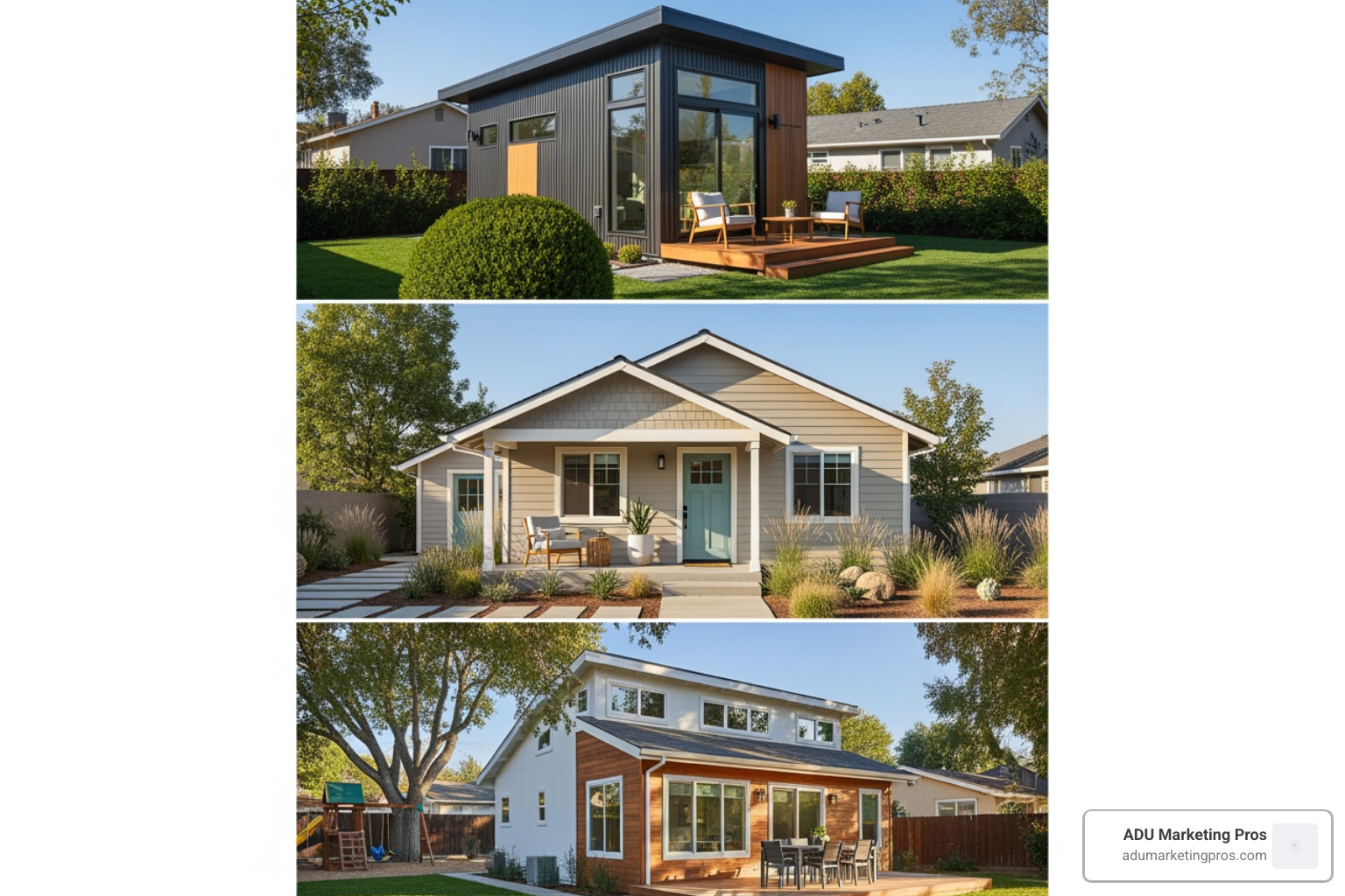 Collage showcasing different prefab ADU styles: a compact modern studio, a cozy one-bedroom unit, and a spacious two-bedroom family ADU - Prefab ADU Los Angeles Collage showcasing different prefab ADU styles: a compact modern studio, a cozy one-bedroom unit, and a spacious two-bedroom family ADU - Prefab ADU Los Angeles