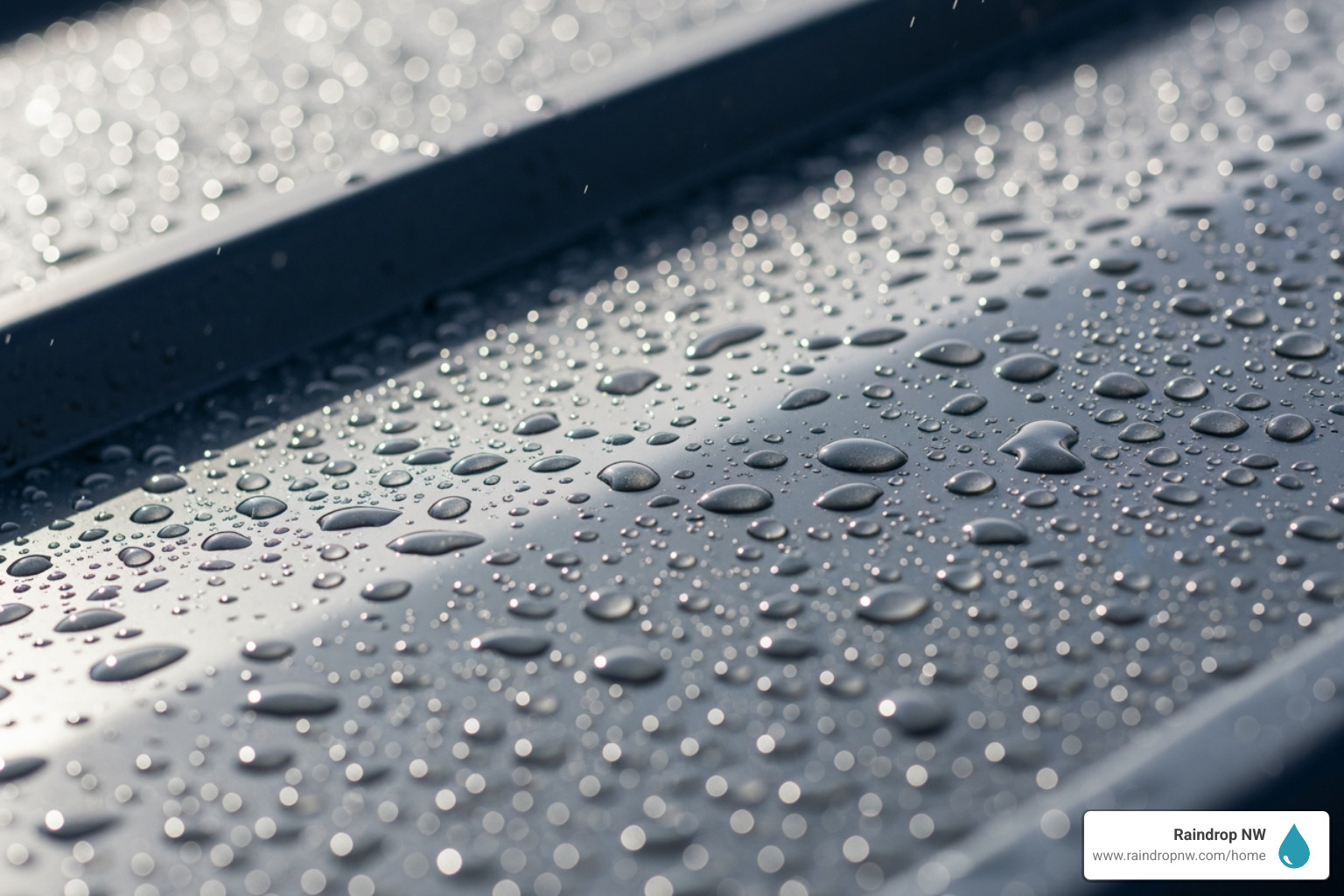 image of rain beading on a new metal roof, highlighting its weather resistance. - best metal roofing company in raleigh hills or