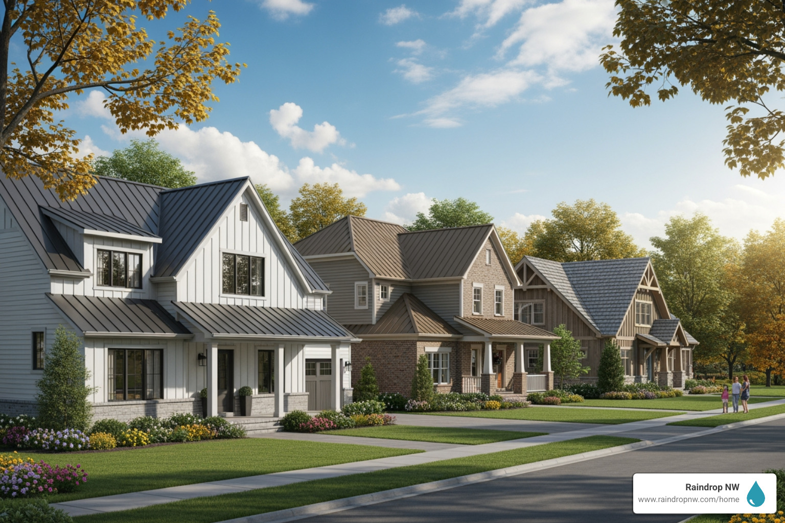 image showcasing different metal roof styles like standing seam, shingle, and shake on various homes. - best metal roofing company in raleigh hills or