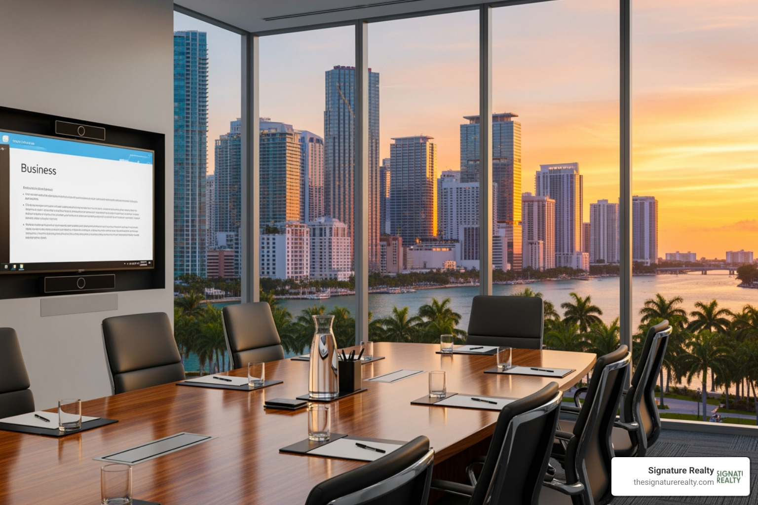 A professional, modern meeting room overlooking a Miami view, emphasizing the blend of business and the city's vibrant atmosphere - virtual office Miami A professional, modern meeting room overlooking a Miami view, emphasizing the blend of business and the city's vibrant atmosphere - virtual office Miami