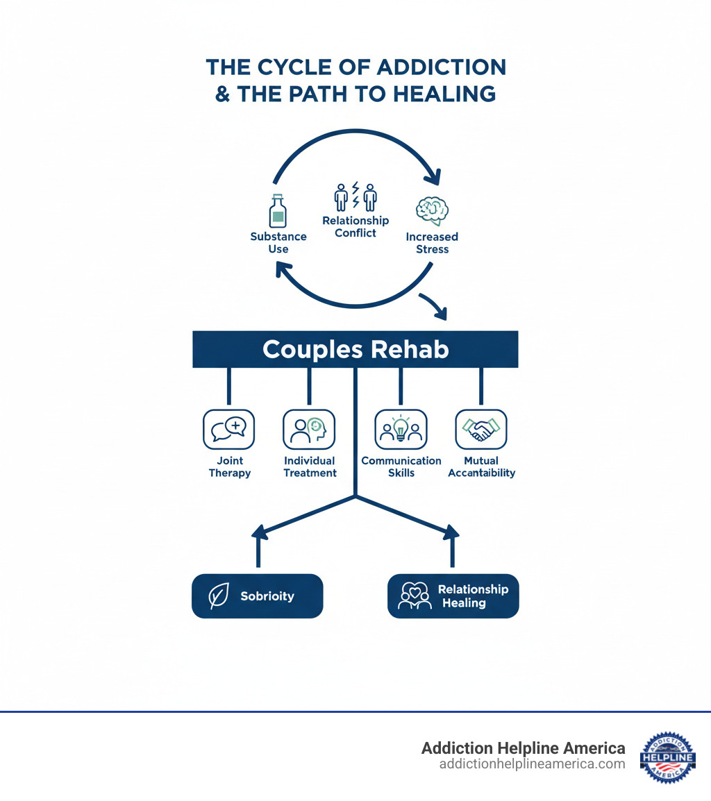 Infographic showing the cycle of addiction in relationships: Substance use leads to relationship conflict, which increases stress, which drives more substance use. Couples rehab interrupts this cycle through joint therapy, individual treatment, communication skills training, and mutual accountability, leading to both sobriety and relationship healing. - drug rehabs for couples near me infographic Infographic showing the cycle of addiction in relationships: Substance use leads to relationship conflict, which increases stress, which drives more substance use. Couples rehab interrupts this cycle through joint therapy, individual treatment, communication skills training, and mutual accountability, leading to both sobriety and relationship healing. - drug rehabs for couples near me infographic
