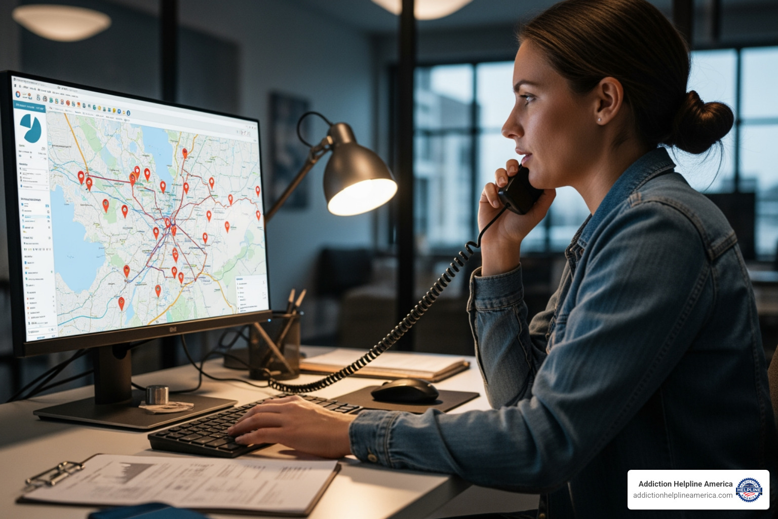 A person sits at a desk, looking at a computer screen displaying a map with several pinpoints, while talking on a phone. - drug rehabs for couples near me A person sits at a desk, looking at a computer screen displaying a map with several pinpoints, while talking on a phone. - drug rehabs for couples near me