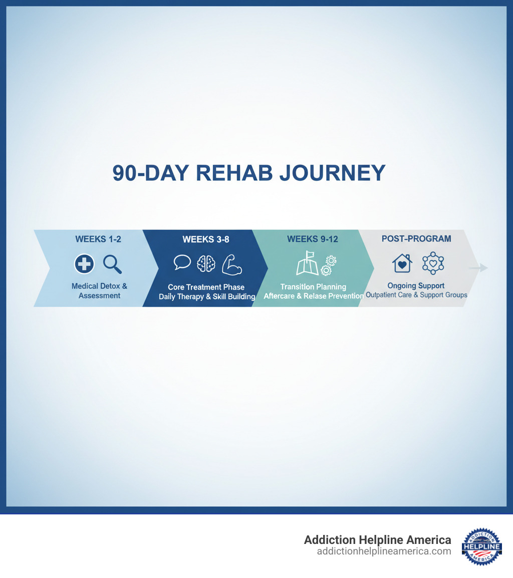 Infographic showing the 90-day rehab journey: Week 1-2 Medical Detox and Assessment, Weeks 3-8 Core Treatment Phase with daily therapy sessions and skill building, Weeks 9-12 Transition Planning with aftercare coordination and relapse prevention strategies, leading to Post-Program Ongoing Support through outpatient care and support groups - 90 day inpatient rehab programs near me new infographic Infographic showing the 90-day rehab journey: Week 1-2 Medical Detox and Assessment, Weeks 3-8 Core Treatment Phase with daily therapy sessions and skill building, Weeks 9-12 Transition Planning with aftercare coordination and relapse prevention strategies, leading to Post-Program Ongoing Support through outpatient care and support groups - 90 day inpatient rehab programs near me new infographic
