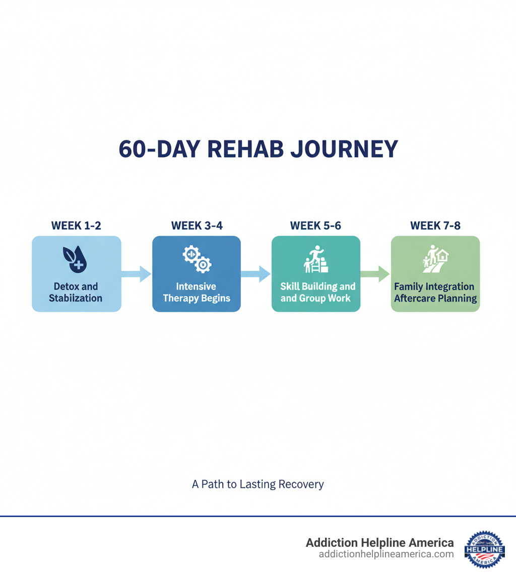 infographic showing the journey through a 60-day rehab program with phases: Week 1-2 Detox and Stabilization, Week 3-4 Intensive Therapy Begins, Week 5-6 Skill Building and Group Work, Week 7-8 Family Integration and Aftercare Planning - 60 day rehab programs near me infographic 