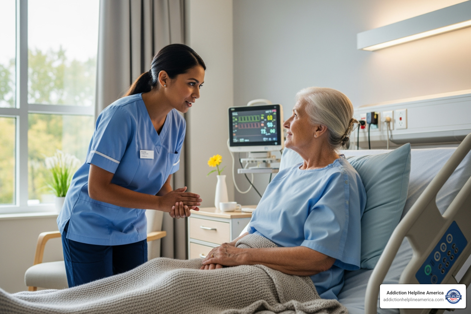 A compassionate nurse speaking with a patient in a calm, well-lit room - medical detox Colorado Springs