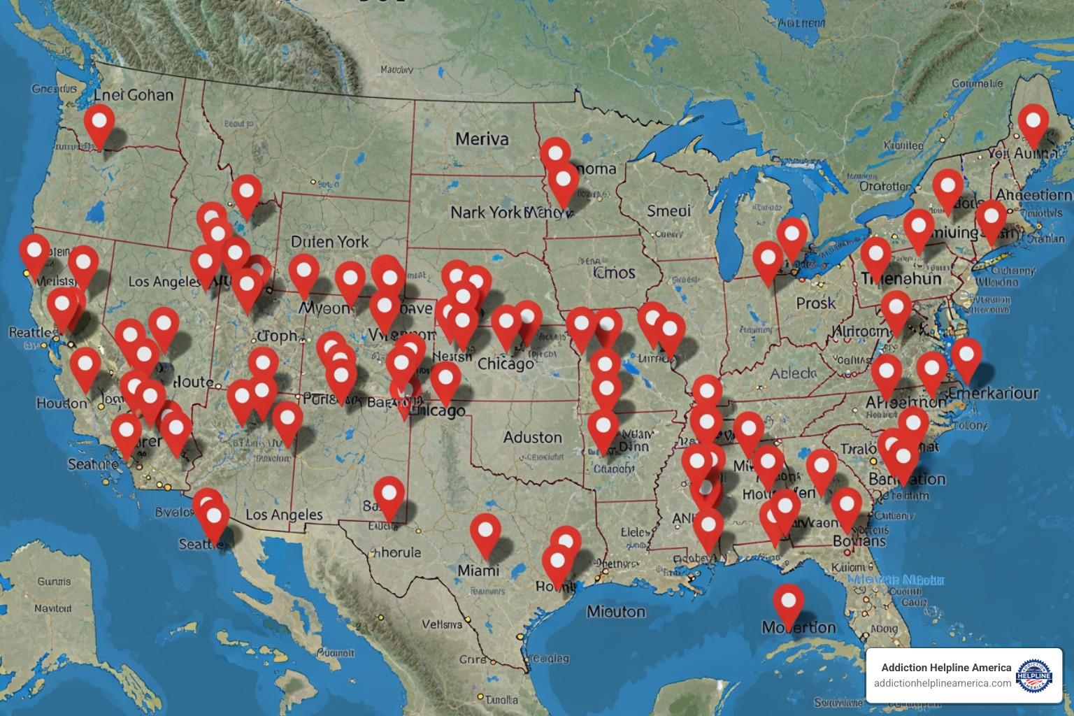 map with location pins showing addiction treatment centers in various states - 60 day rehab programs near me