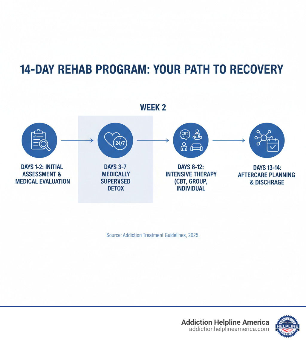 Infographic showing the four key stages of a 14-day rehab program: Week 1 begins with Initial Assessment and Medical Evaluation (Days 1-2), followed by Medically Supervised Detox with 24/7 monitoring (Days 3-7). Week 2 focuses on Intensive Therapy including CBT, group sessions, and individual counseling (Days 8-12), concluding with Aftercare Planning and discharge preparation with support network connections (Days 13-14). - 14 day rehab programs near me infographic 