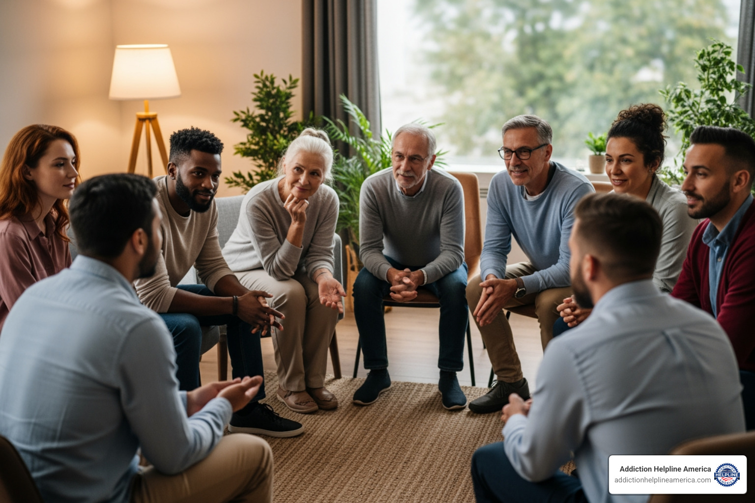 Diverse group of people in a supportive therapy circle - 30 days rehab