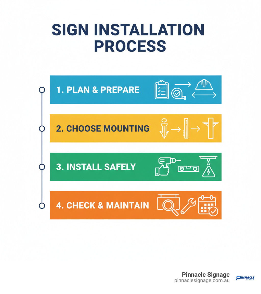 Infographic detailing the four-step Sign Installation Process: Plan & Prepare, Choose Mounting, Install Safely, and Check & Maintain, showing how to install signs. Infographic detailing the four-step Sign Installation Process: Plan & Prepare, Choose Mounting, Install Safely, and Check & Maintain, showing how to install signs.