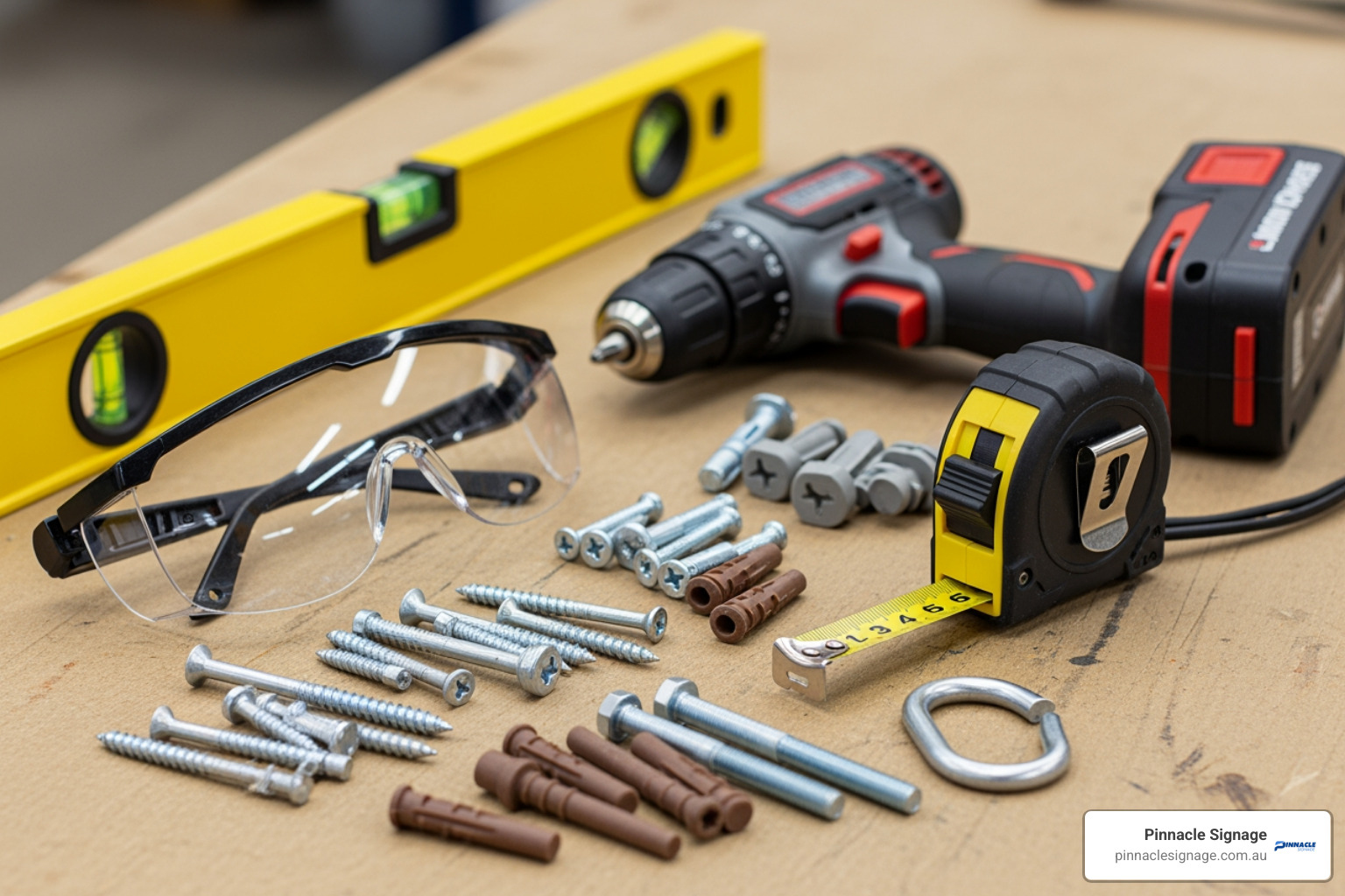 Essential tools laid out for sign installation: safety glasses, spirit level, tape measure, cordless drill, and various fasteners showing how to install signs. Essential tools laid out for sign installation: safety glasses, spirit level, tape measure, cordless drill, and various fasteners showing how to install signs.