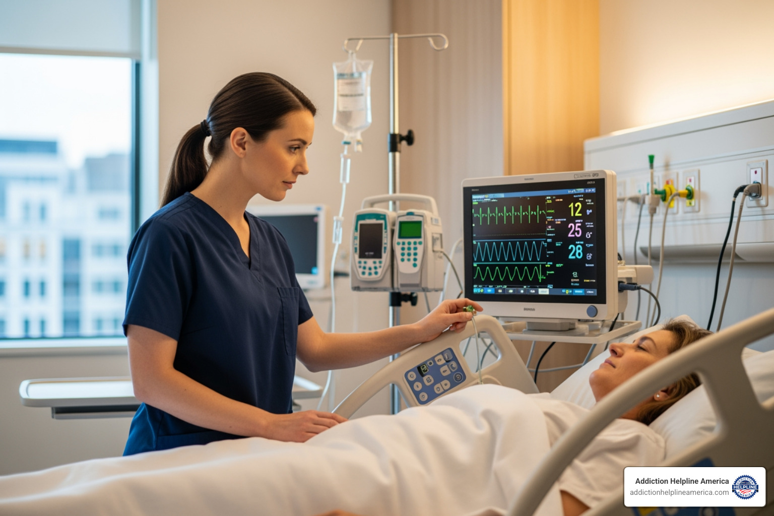 A nurse monitoring a patient's vitals - detox in hospital A nurse monitoring a patient's vitals - detox in hospital