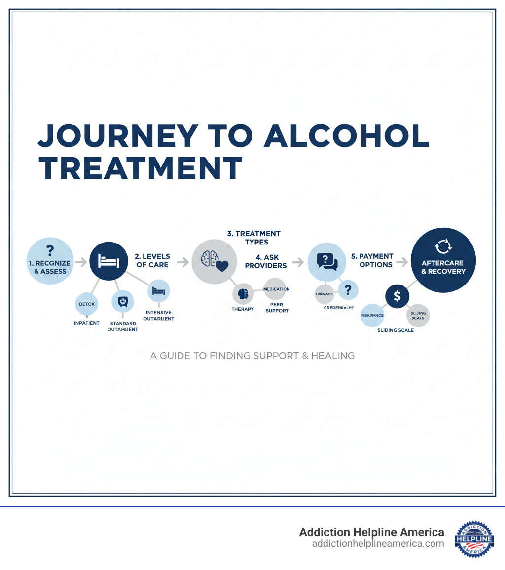 Comprehensive guide showing the journey to find alcohol treatment: starting with recognizing the problem and assessment, moving through different levels of care (detox, inpatient, intensive outpatient, standard outpatient), exploring treatment types (behavioral therapy, medication-assisted treatment, peer support), asking providers key questions about credentials and approach, understanding payment options (insurance, Medicaid, sliding scale), and finally committing to aftercare and long-term recovery support - Find alcohol treatment infographic 