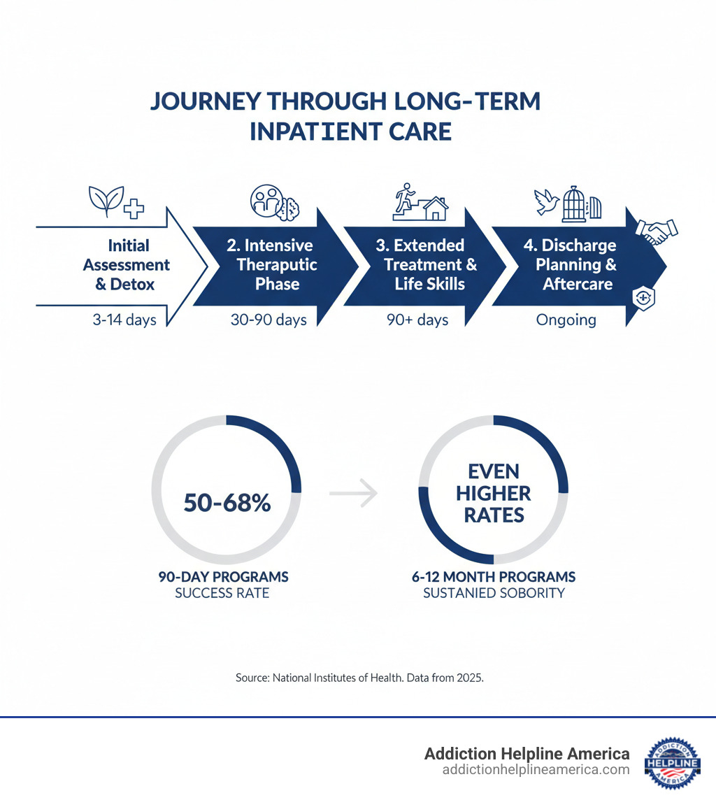 Infographic showing the journey through long-term inpatient care: Initial Assessment and Detox (3-14 days) → Intensive Therapeutic Phase (30-90 days) → Extended Treatment and Life Skills (90+ days) → Discharge Planning and Aftercare (ongoing), with statistics showing 90-day programs have 50-68% success rates and programs lasting 6-12 months show even higher rates of sustained sobriety - Long term inpatient infographic Infographic showing the journey through long-term inpatient care: Initial Assessment and Detox (3-14 days) → Intensive Therapeutic Phase (30-90 days) → Extended Treatment and Life Skills (90+ days) → Discharge Planning and Aftercare (ongoing), with statistics showing 90-day programs have 50-68% success rates and programs lasting 6-12 months show even higher rates of sustained sobriety - Long term inpatient infographic