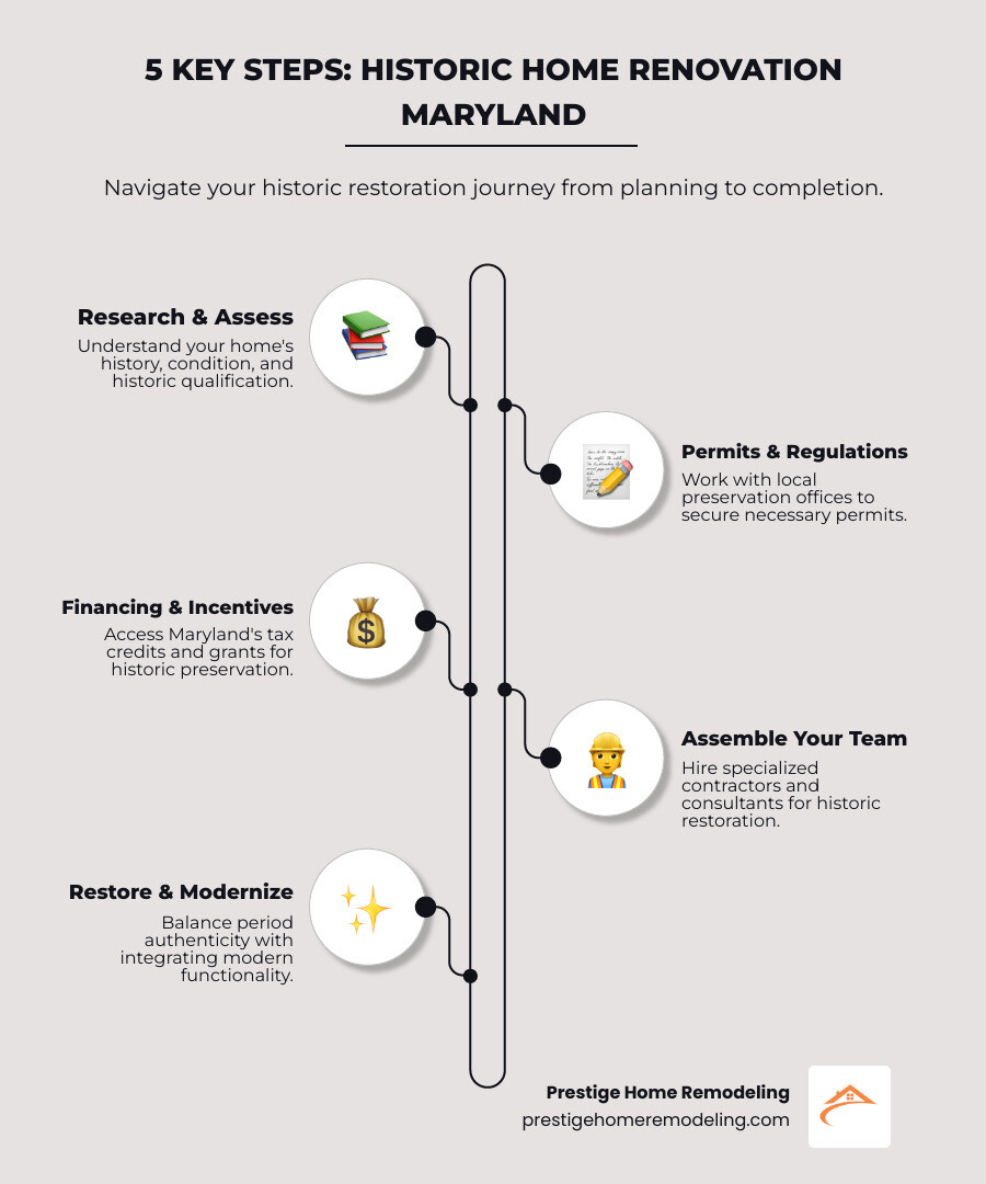 Infographic showing the 5 key steps of historic home renovation: 1. Research and assess your home's history and condition, 2. Navigate permits and regulations with local preservation offices, 3. Secure financing through tax credits and incentives, 4. Assemble a team of specialized contractors and consultants, 5. Execute restoration balancing period authenticity with modern functionality - Historic home renovation Maryland infographic infographic-line-5-steps-elegant_beige
