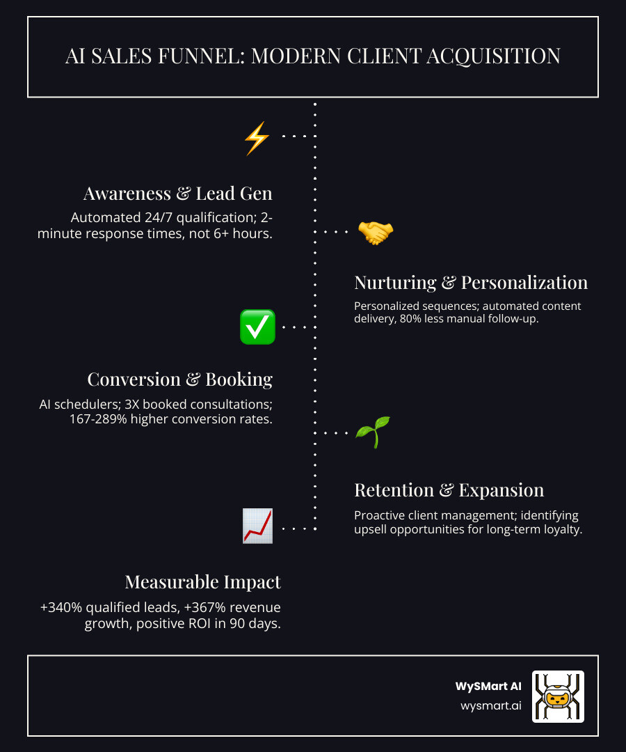 Infographic comparing traditional accounting client acquisition funnel showing manual processes, 6+ hour response times, and 30% conversion rates versus AI-powered funnel showing automated qualification, 2-minute response times, 24/7 availability, personalized nurturing sequences, and 167-289% higher conversion rates across four stages: Awareness and Lead Generation, Interest and Lead Nurturing, Consideration and Consultation Booking, and Retention and Expansion - accounting firms - ai funnels & conversion infographic infographic-line-5-steps-dark Infographic comparing traditional accounting client acquisition funnel showing manual processes, 6+ hour response times, and 30% conversion rates versus AI-powered funnel showing automated qualification, 2-minute response times, 24/7 availability, personalized nurturing sequences, and 167-289% higher conversion rates across four stages: Awareness and Lead Generation, Interest and Lead Nurturing, Consideration and Consultation Booking, and Retention and Expansion - accounting firms - ai funnels & conversion infographic infographic-line-5-steps-dark