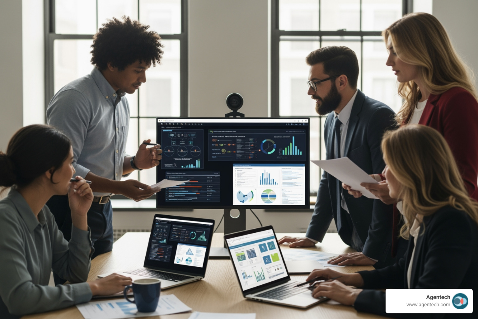 diverse team of P&C insurance professionals collaborating in a modern office, with data visualizations on screens - Insurance automation tools