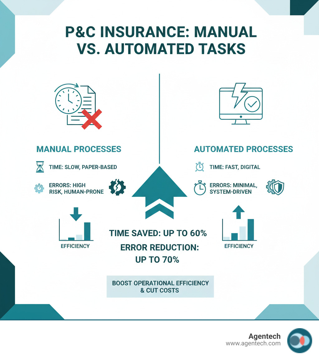 Infographic showing comparison of manual vs. automated P&C insurance tasks, highlighting time saved and error reduction - Insurance automation tools infographic