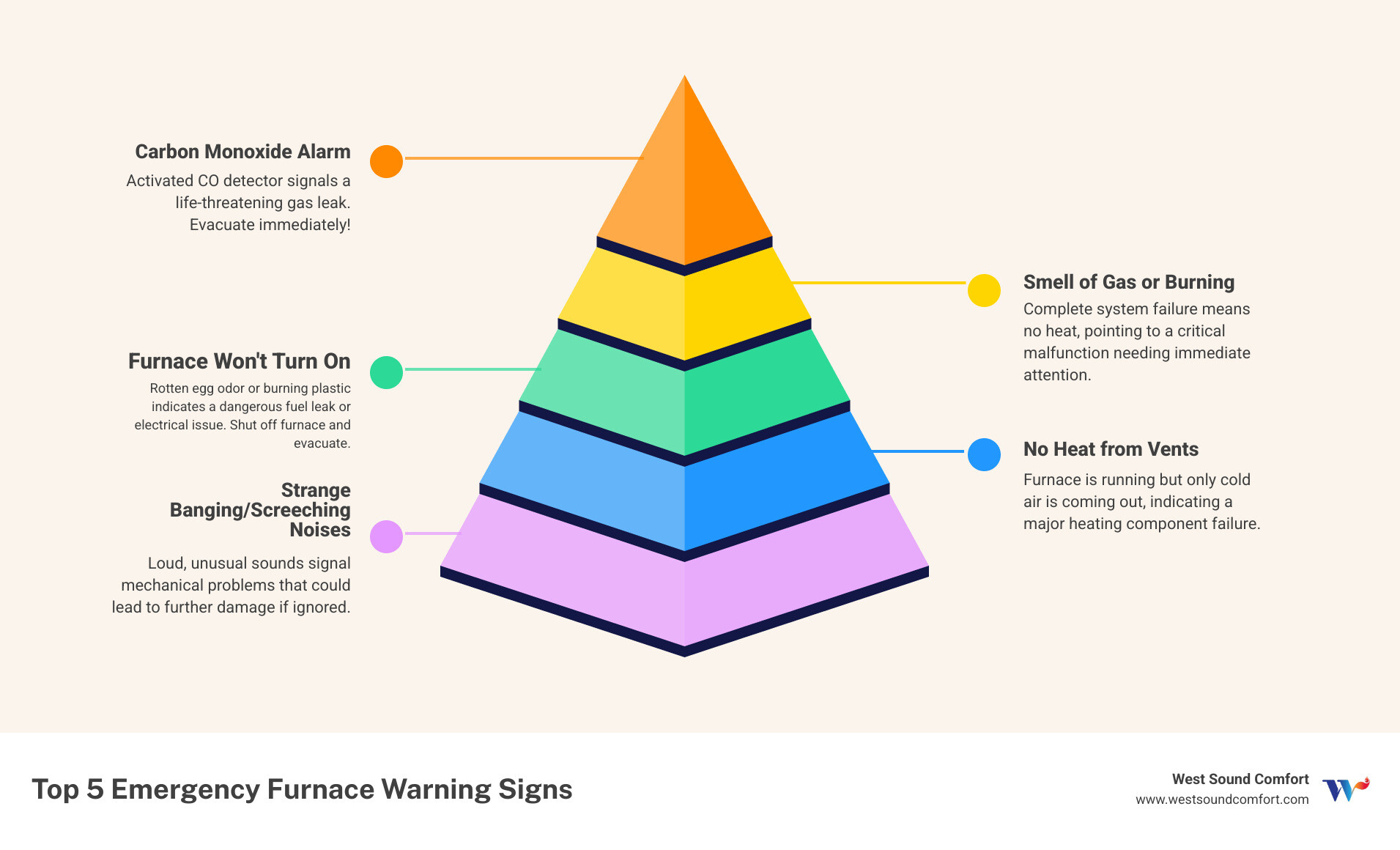 Infographic showing the top 5 signs you need emergency furnace repair: 1) No heat coming from vents, 2) Strange banging or screeching noises, 3) Smell of gas or burning, 4) Carbon monoxide detector alarm sounding, 5) Furnace won't turn on at all - emergency furnace repair in bremerton, wa infographic pyramid-hierarchy-5-steps Infographic showing the top 5 signs you need emergency furnace repair: 1) No heat coming from vents, 2) Strange banging or screeching noises, 3) Smell of gas or burning, 4) Carbon monoxide detector alarm sounding, 5) Furnace won't turn on at all - emergency furnace repair in bremerton, wa infographic pyramid-hierarchy-5-steps