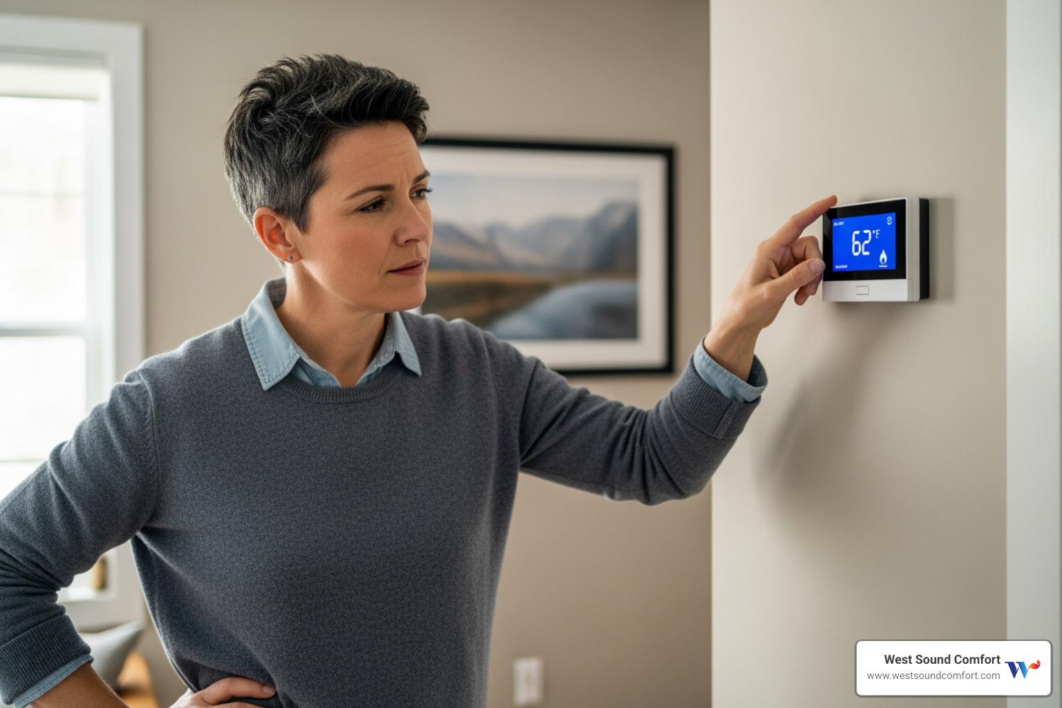 Image of a homeowner looking at their thermostat with a concerned expression - emergency furnace repair in bremerton, wa Image of a homeowner looking at their thermostat with a concerned expression - emergency furnace repair in bremerton, wa