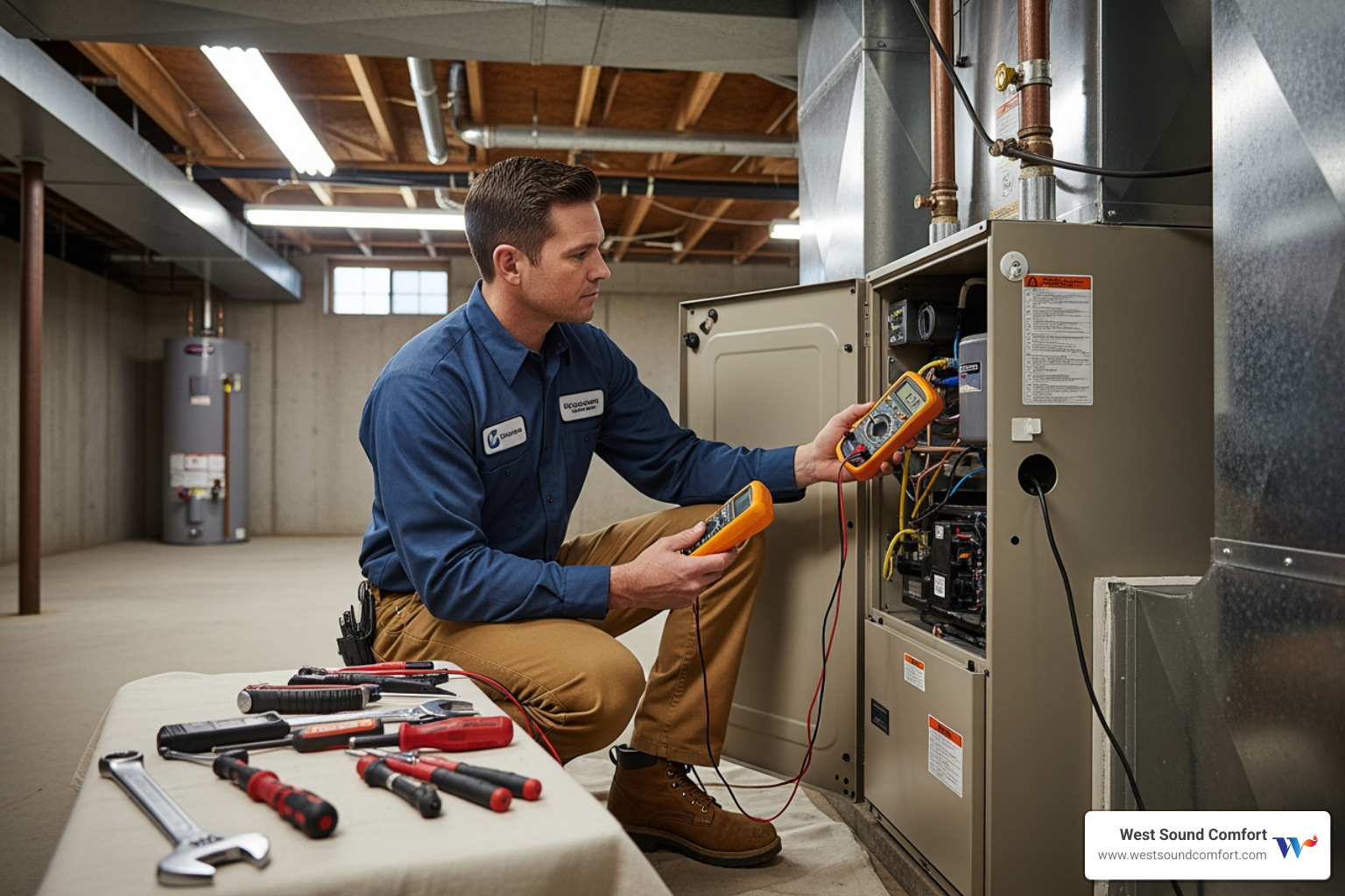 Image of a technician performing furnace maintenance - emergency furnace repair in bremerton, wa Image of a technician performing furnace maintenance - emergency furnace repair in bremerton, wa