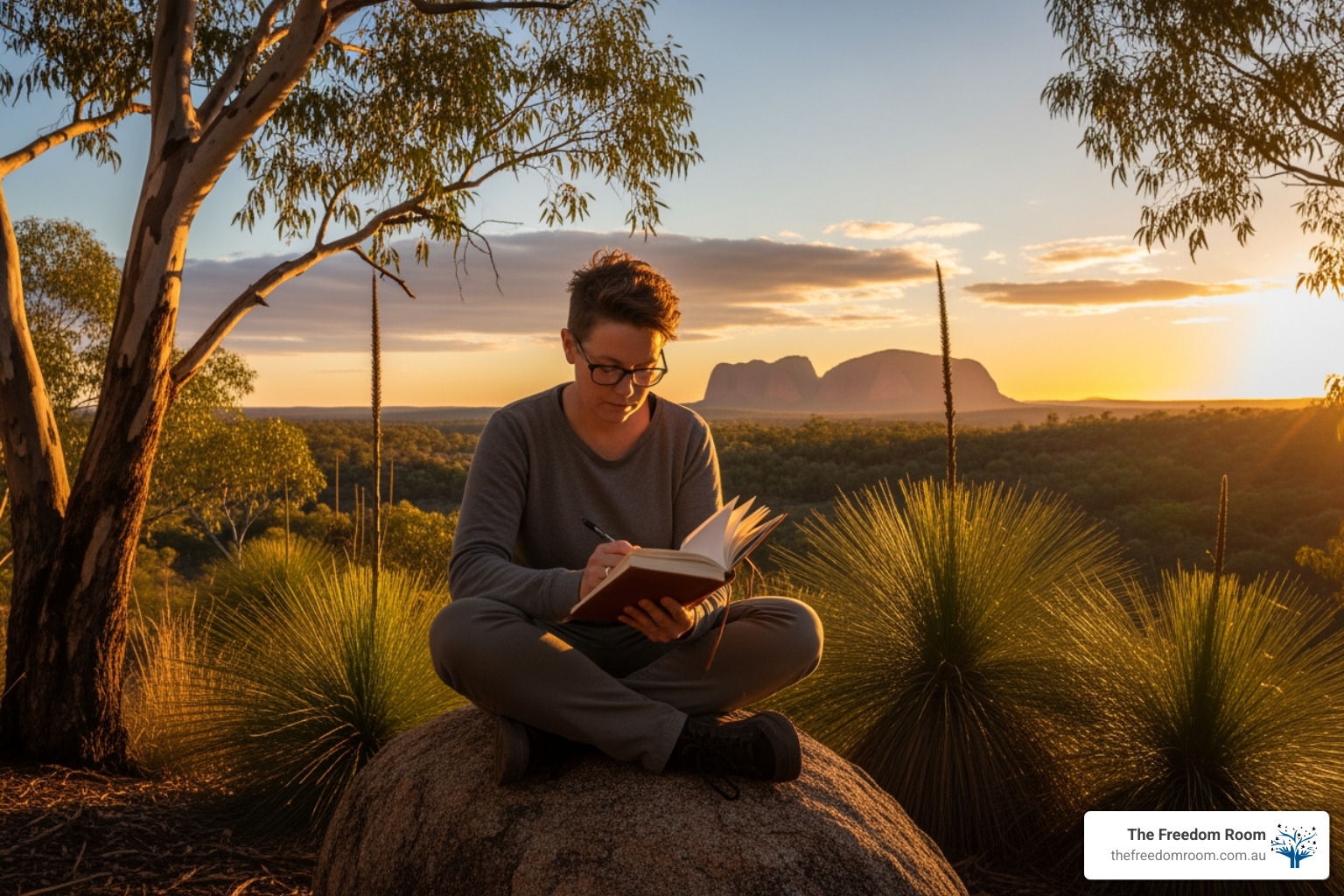 A person writing thoughtfully in a journal amidst a calm, natural Australian setting, suggesting introspection and personal planning - getting sober without rehab