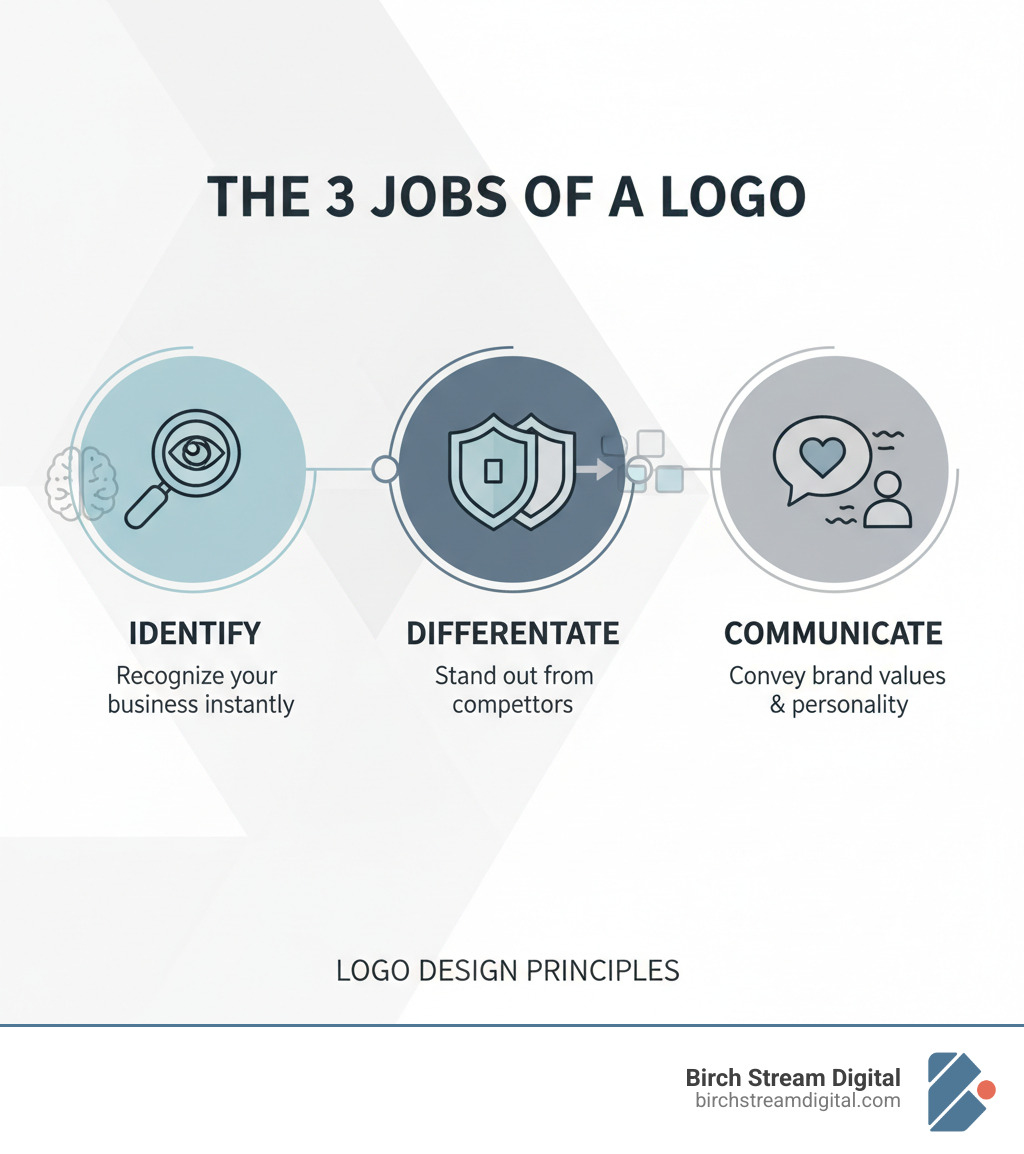 Infographic showing the three core jobs of a logo: Identify (helps customers recognize your business instantly), Differentiate (sets you apart from competitors in your market), and Communicate (conveys your brand values and personality at a glance). An infographic about logo design Winston Salem 