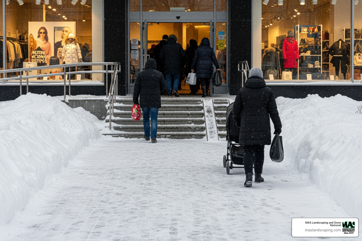 customers entering a cleared storefront during a snowy day - Commercial Snow Removal Medford MA