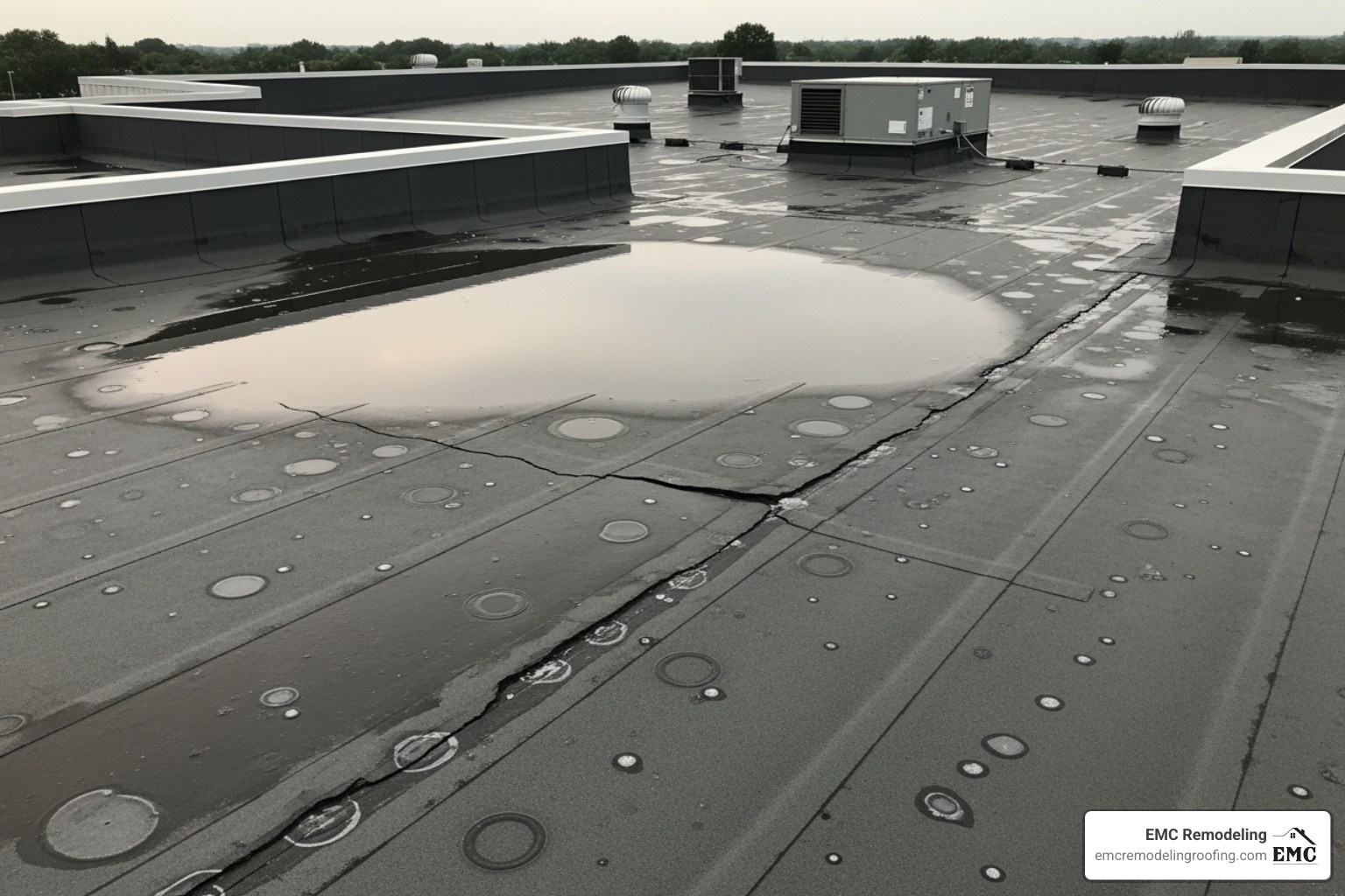 commercial roof issues: ponding water, blisters, cracked seams, and hail impacts - commercial roofing leander tx