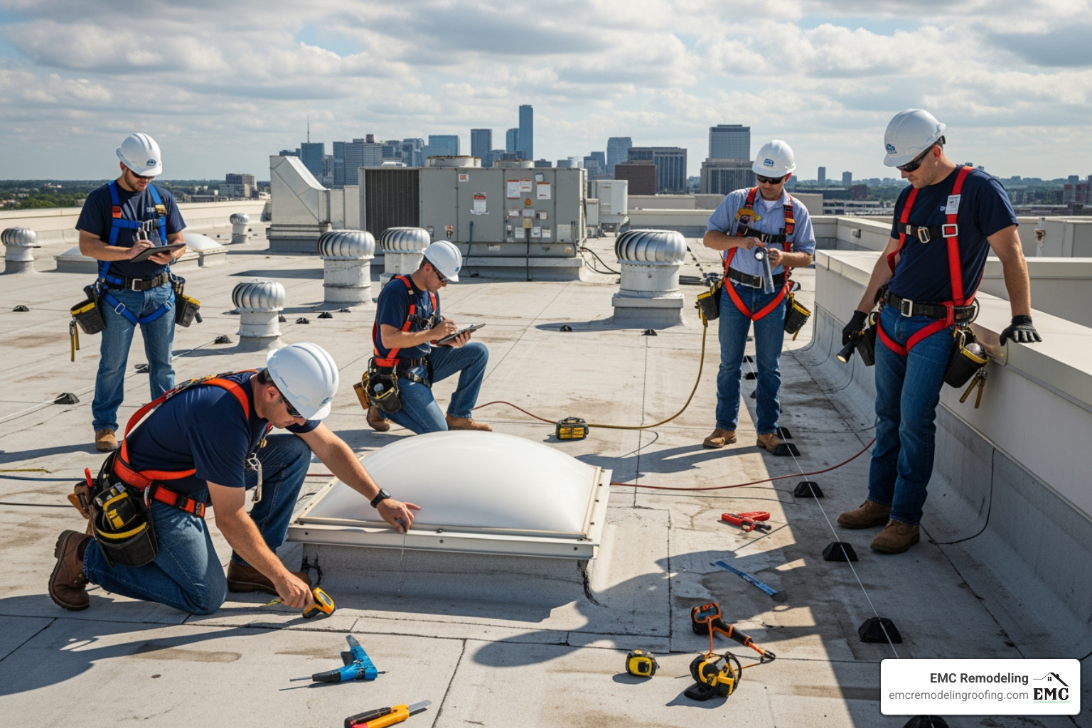 professional roofing crew performing a detailed inspection on a large commercial roof - commercial roofing leander tx