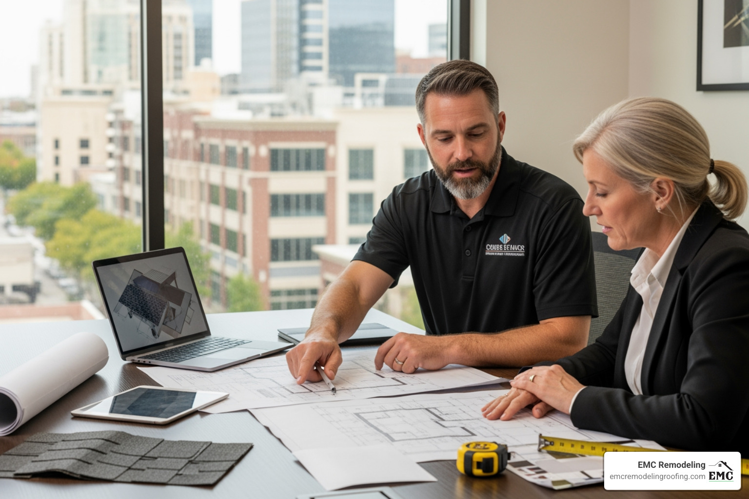 contractor reviewing project plans with a business owner - commercial roofing leander tx