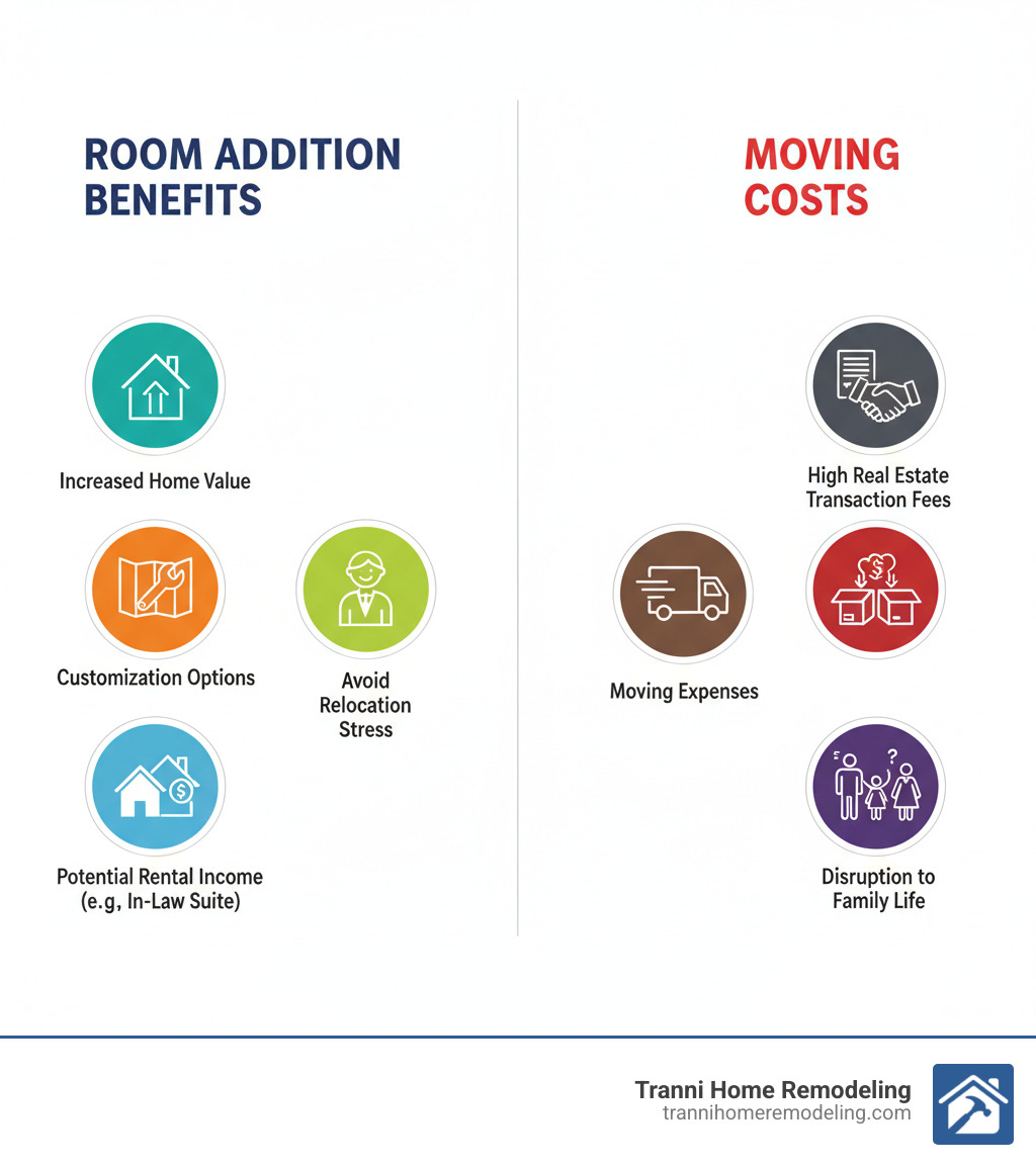 Infographic comparing room addition benefits versus moving costs, showing increased home value, customization options, avoiding relocation stress, and potential rental income from additions like in-law suites, versus the high costs of real estate transactions, moving expenses, and disruption to family life - room addition contractor infographic Infographic comparing room addition benefits versus moving costs, showing increased home value, customization options, avoiding relocation stress, and potential rental income from additions like in-law suites, versus the high costs of real estate transactions, moving expenses, and disruption to family life - room addition contractor infographic