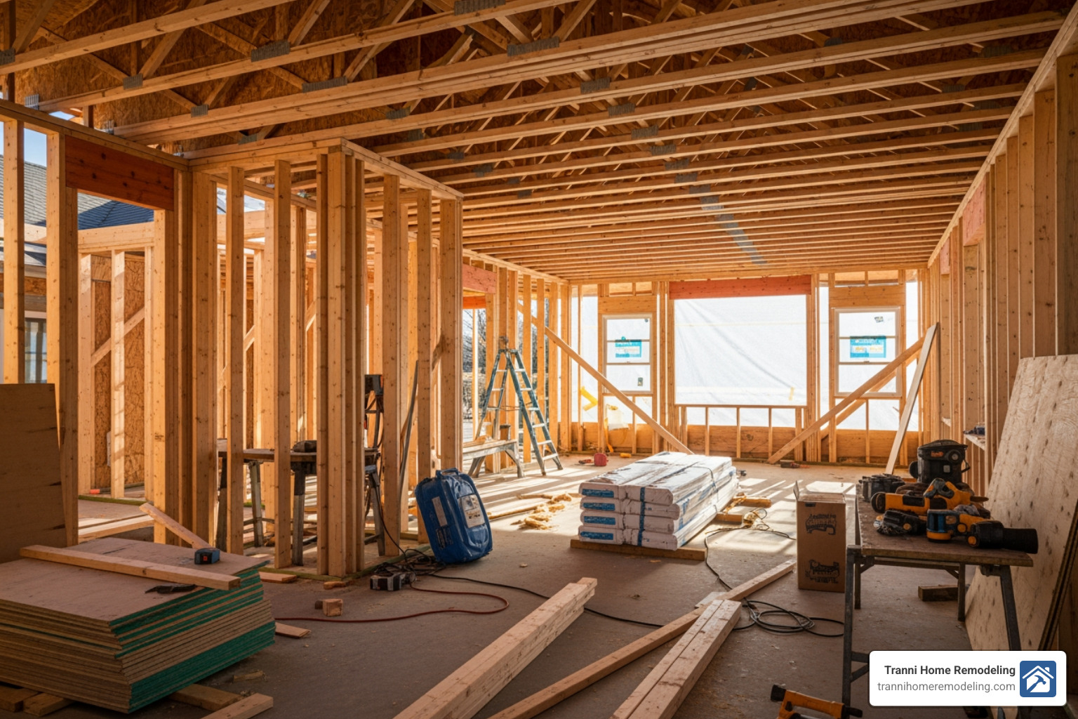 A room addition in the framing stage, showing the skeleton of the new space and hinting at the transformation to come - room addition contractor A room addition in the framing stage, showing the skeleton of the new space and hinting at the transformation to come - room addition contractor