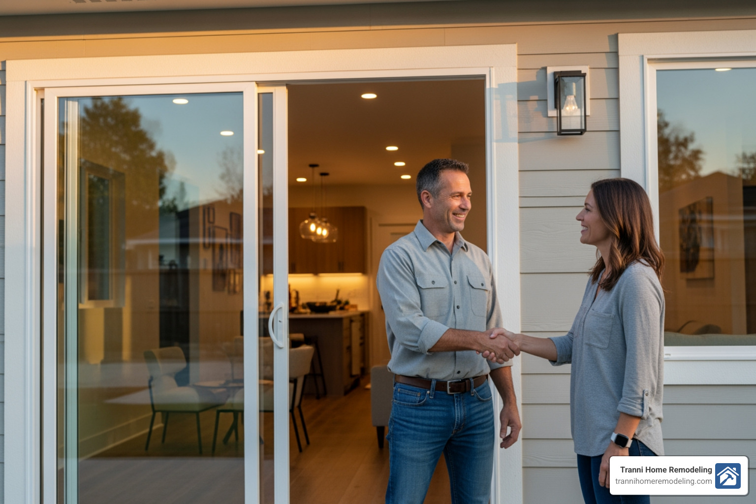 A contractor and homeowner smiling and shaking hands in front of a beautifully finished room addition, symbolizing a successful partnership - room addition contractor A contractor and homeowner smiling and shaking hands in front of a beautifully finished room addition, symbolizing a successful partnership - room addition contractor