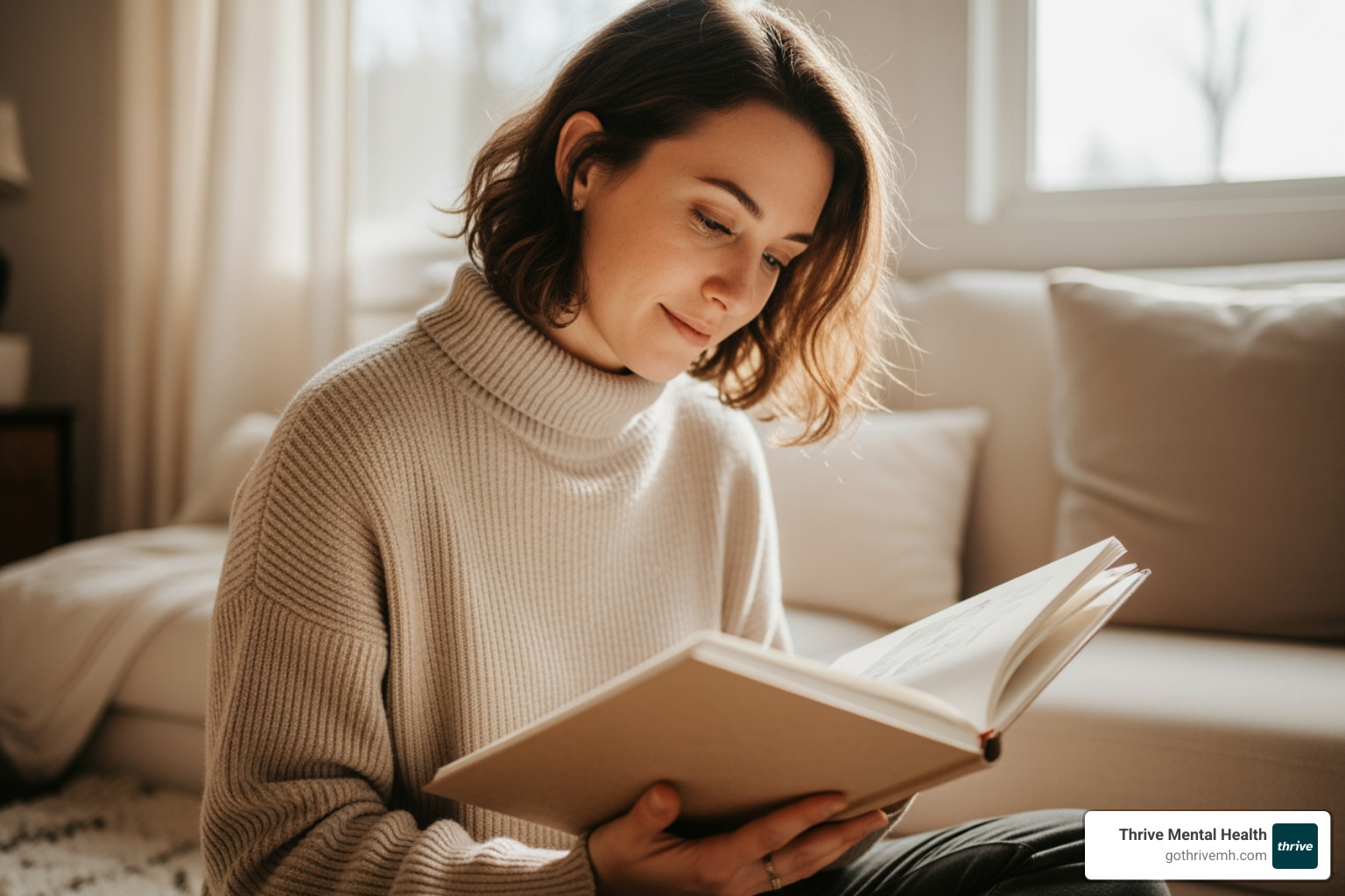 A person thoughtfully looking at their art journal in a comfortable, sunlit home setting, surrounded by soft textiles and a warm atmosphere. - art therapy for students