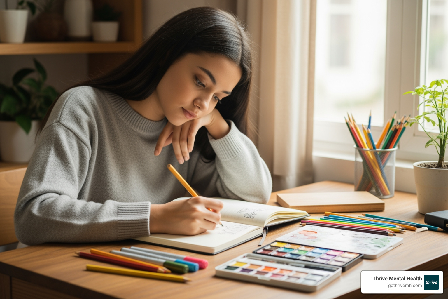 A student sketching thoughtfully in a journal, surrounded by art supplies, in a calm, natural light setting. - art therapy for students