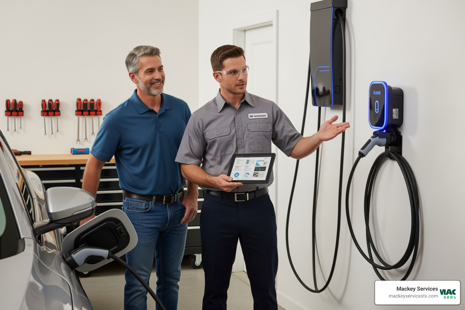 image of a homeowner smiling while their new EV charger is being demonstrated by a professional - ev charging station installation alvin tx