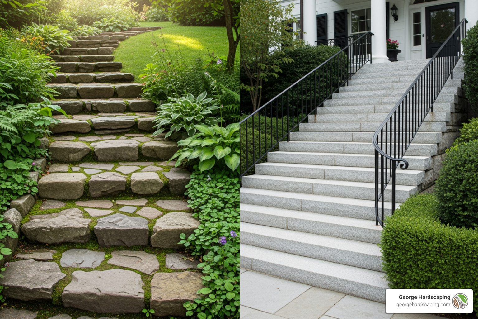 A split-screen showing two different styles: on the left, rustic, irregular fieldstone steps on a garden slope, and on the right, formal, precisely cut granite steps for a front porch. - Stone Steps Contractor