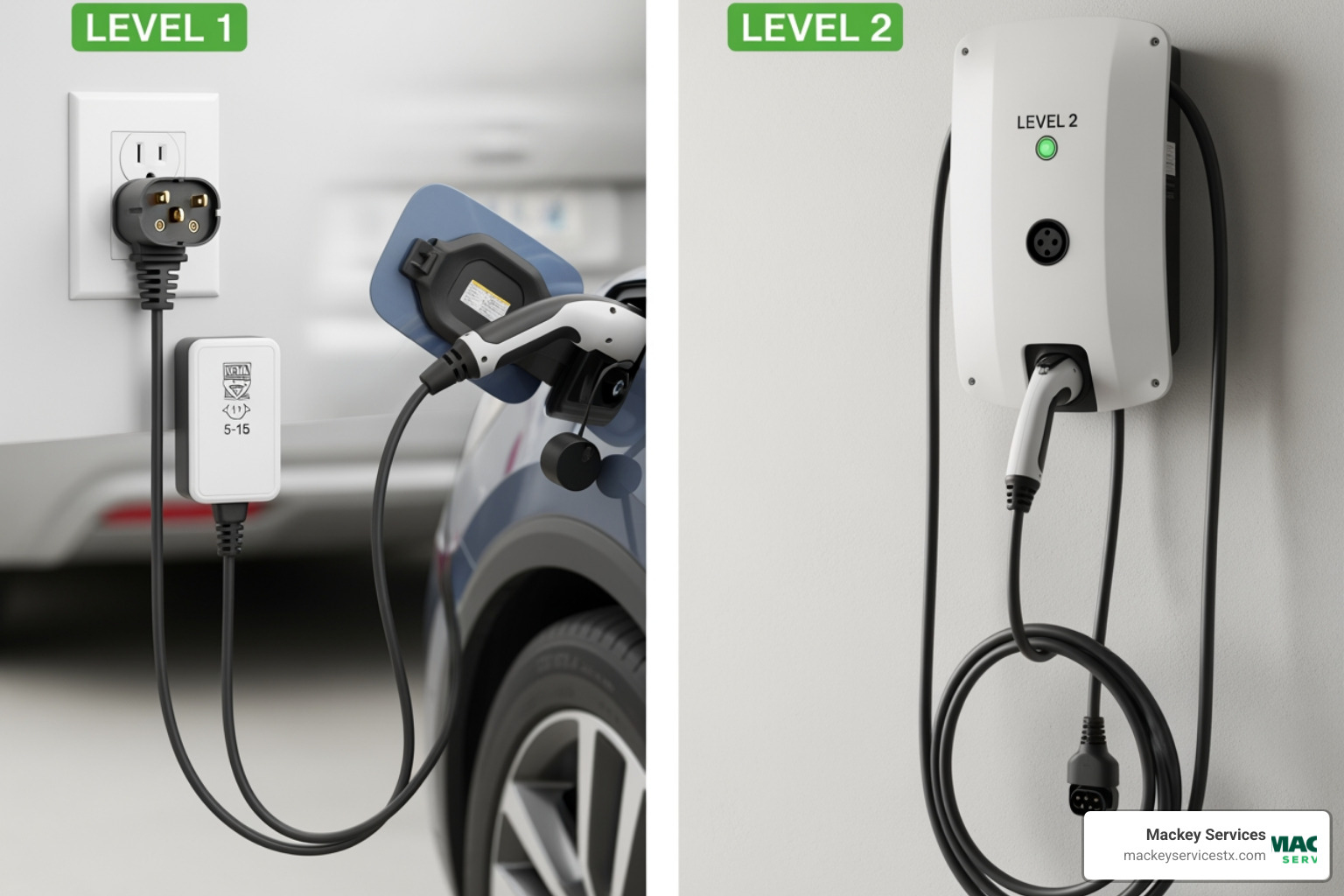 image showing the physical differences and charging speeds of Level 1 and Level 2 chargers - ev charging station installation alvin tx