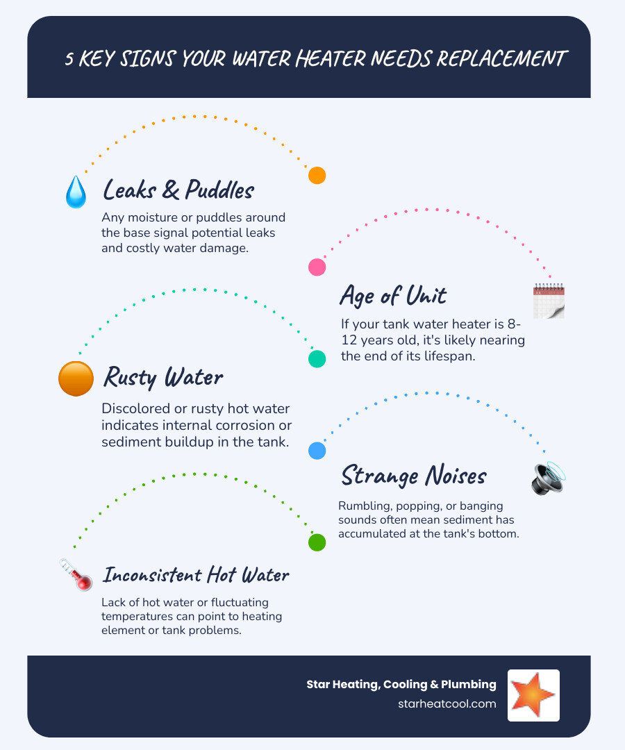 Infographic explaining the key signs a water heater needs replacement - residential water heater installation in westfield in infographic infographic-line-5-steps-blues-accent_colors