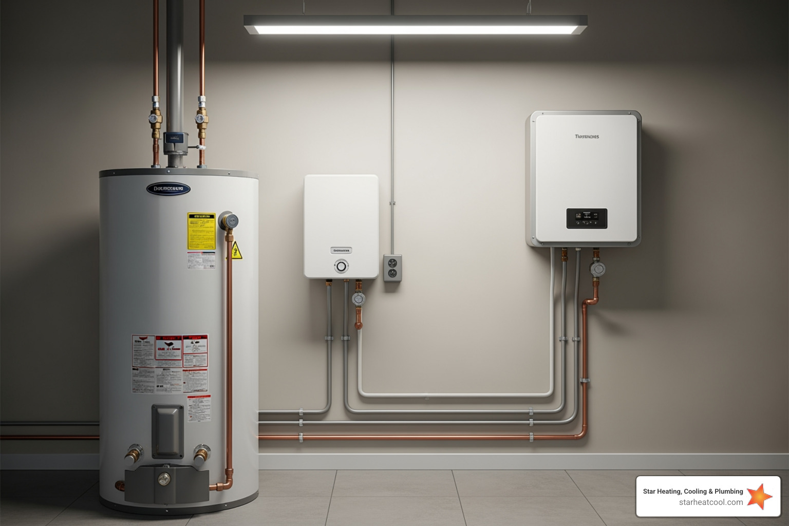 traditional tank water heater next to a compact tankless unit - residential water heater installation in westfield in