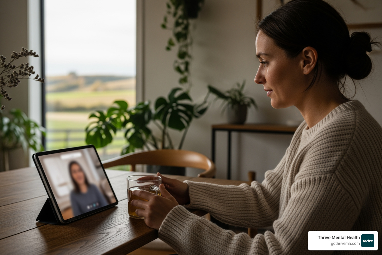 Rural patient on tablet engaged in virtual therapy - virtual behavioral health Rural patient on tablet engaged in virtual therapy - virtual behavioral health