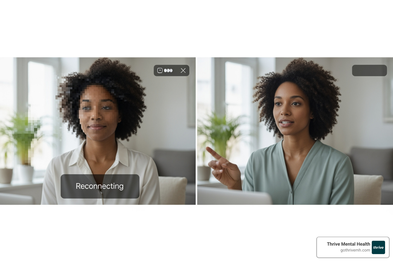 Split screen of a person struggling with poor internet connection for virtual therapy, contrasted with a smooth, clear connection - virtual behavioral health Split screen of a person struggling with poor internet connection for virtual therapy, contrasted with a smooth, clear connection - virtual behavioral health