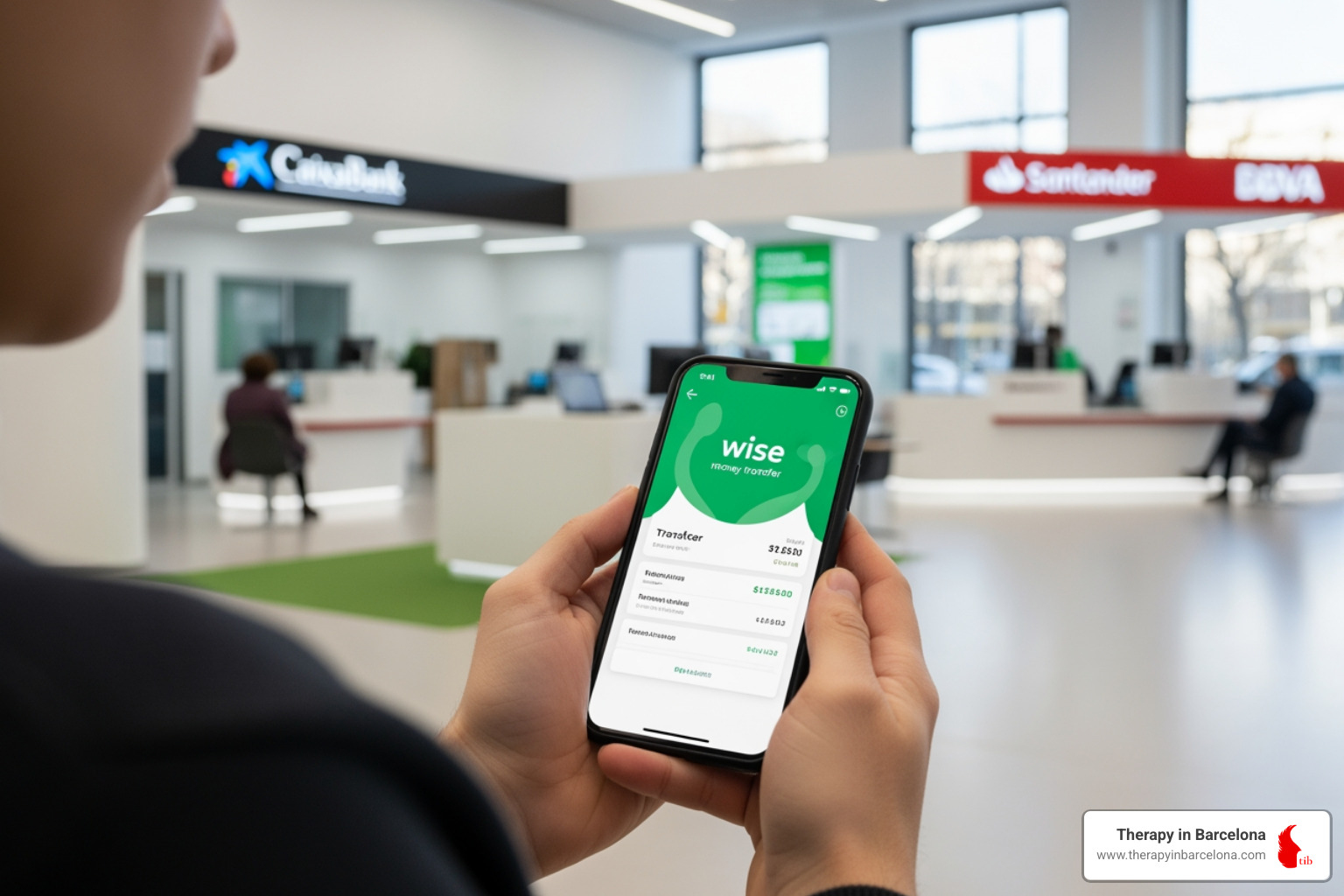 Spanish bank branch and a Wise app on a phone - emigrating to spain from the uk