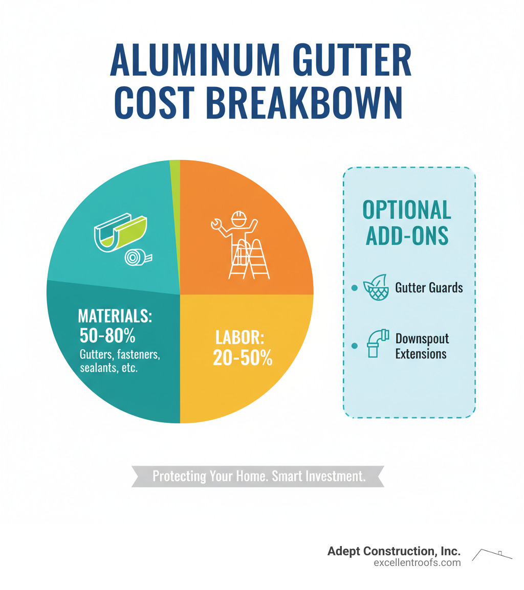 infographic showing aluminum gutter cost breakdown with percentages for materials at 50-80 percent, labor at 20-50 percent, and optional add-ons like gutter guards and downspout extensions - Aluminum gutter cost infographic 
