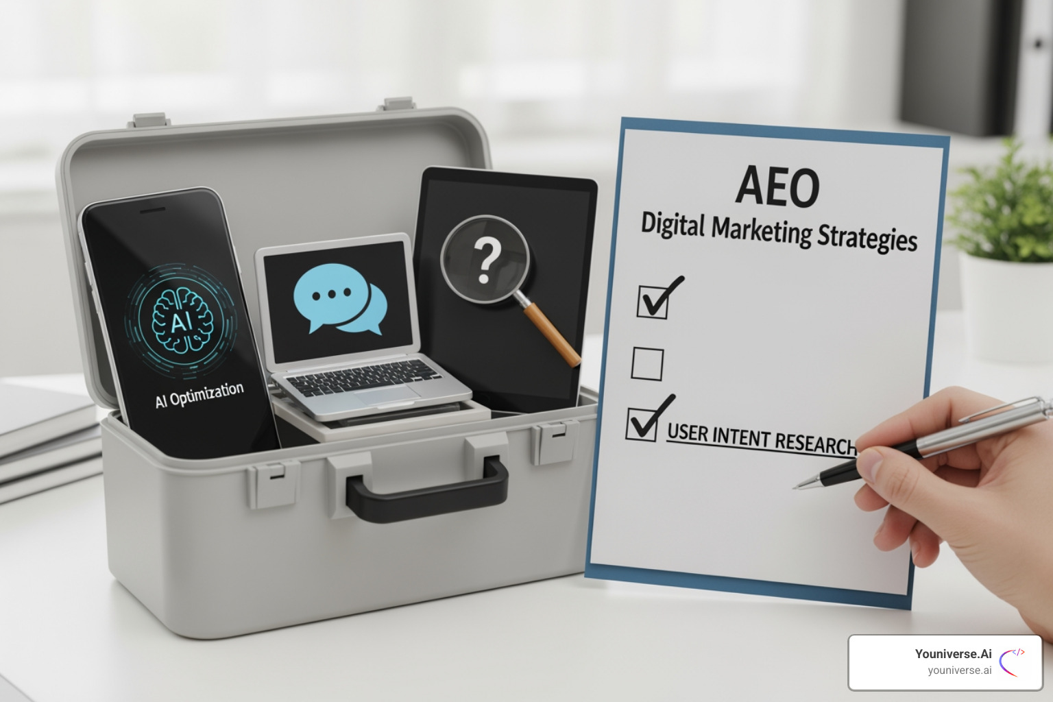 A checklist or toolbox with AEO strategy icons - AEO digital marketing A checklist or toolbox with AEO strategy icons - AEO digital marketing