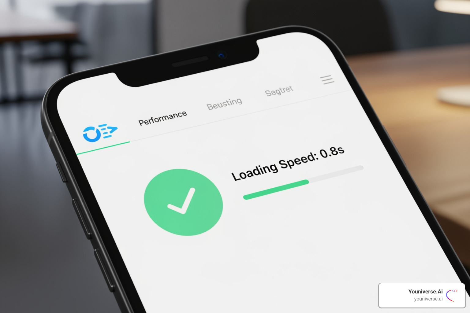 A mobile phone displaying a perfectly optimized, fast-loading webpage, emphasizing technical excellence. - AI-driven search optimization